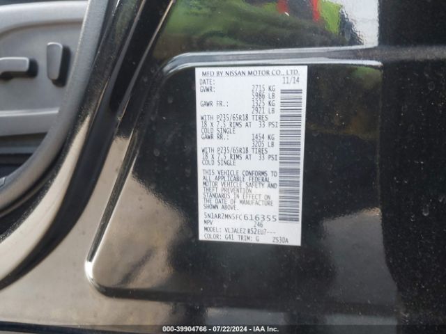 5N1AR2MN5FC616355 Nissan Pathfinder Platinum/s/sl/sv