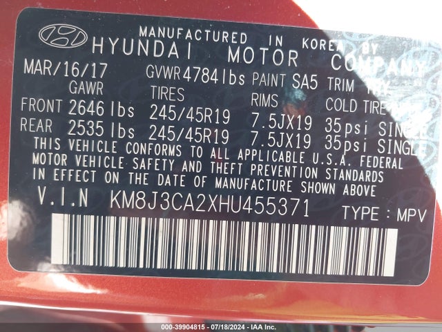 Hyundai Tucson Sport 2017 KM8J3CA2XHU455371 Image 9