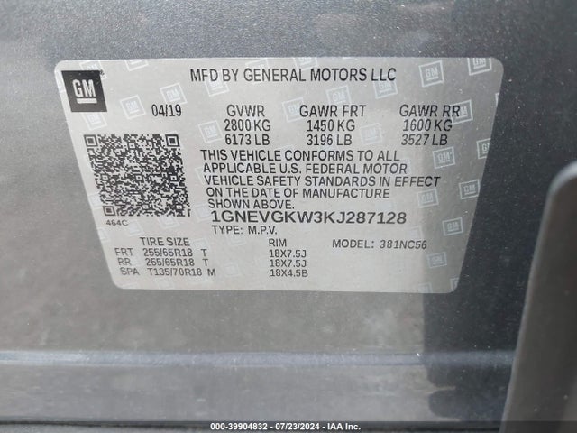 1GNEVGKW3KJ287128 Chevrolet Traverse 1lt