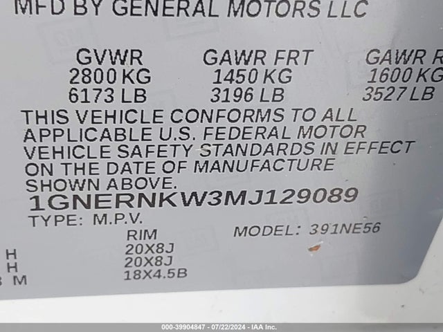 1GNERNKW3MJ129089 Chevrolet Traverse Fwd High Country