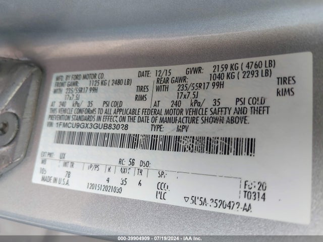 Ford ESCAPE SE 2016 1FMCU9GX3GUB83028 Image 9