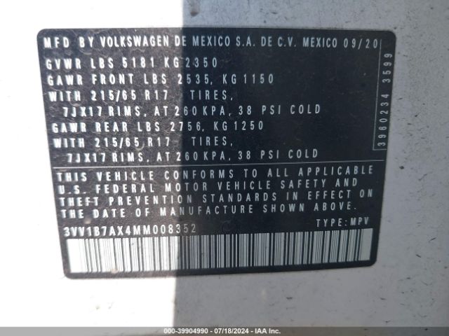 3VV1B7AX4MM008352 Volkswagen Tiguan 2.0t S
