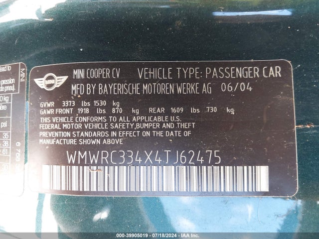 2004 MINI COOPER WMWRC334X4TJ62475 Photo 8