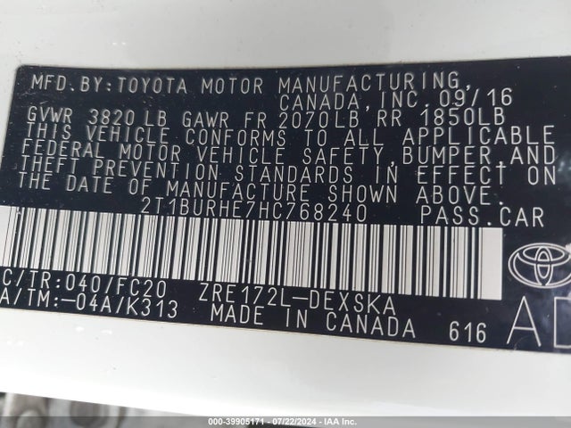 Toyota COROLLA SE 2017 2T1BURHE7HC768240 Image 9