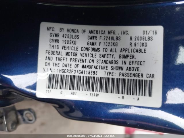 1HGCR2F37GA118696 Honda ACCORD LX