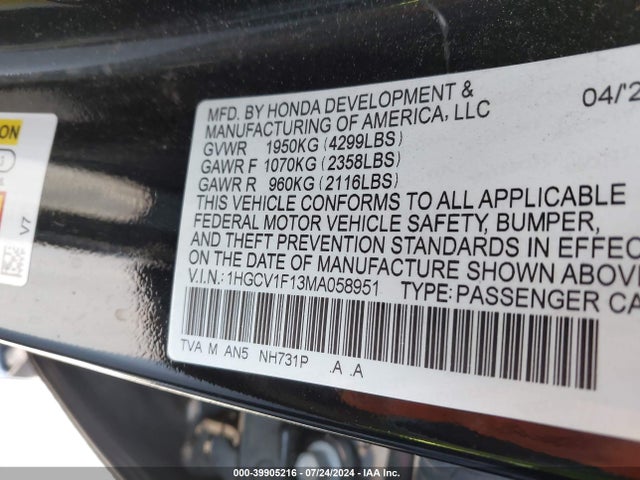Honda ACCORD LX 2021 1HGCV1F13MA058951 Image 9
