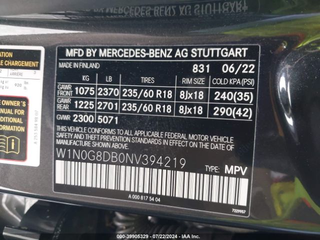 W1N0G8DB0NV394219 Mercedes-Benz Glc 300 Suv