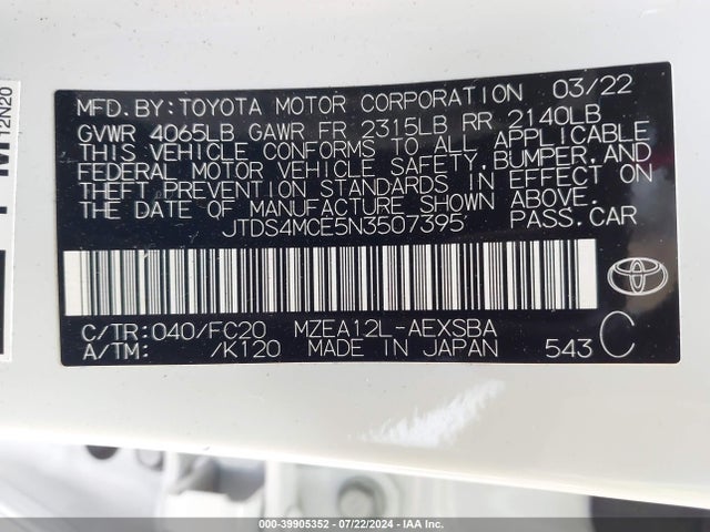Toyota COROLLA SE 2022 JTDS4MCE5N3507395 Image 9