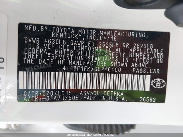Toyota CAMRY XSE 2016 4T1BF1FKXGU246400 Image 9