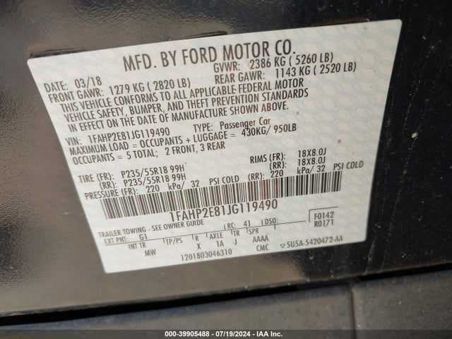 Ford TAURUS SEL 2018 1FAHP2E81JG119490 Image 9