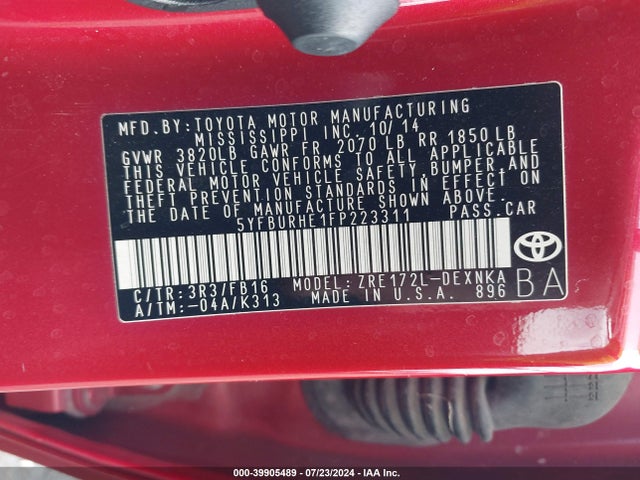 Toyota COROLLA LE 2015 5YFBURHE1FP223311 Image 9