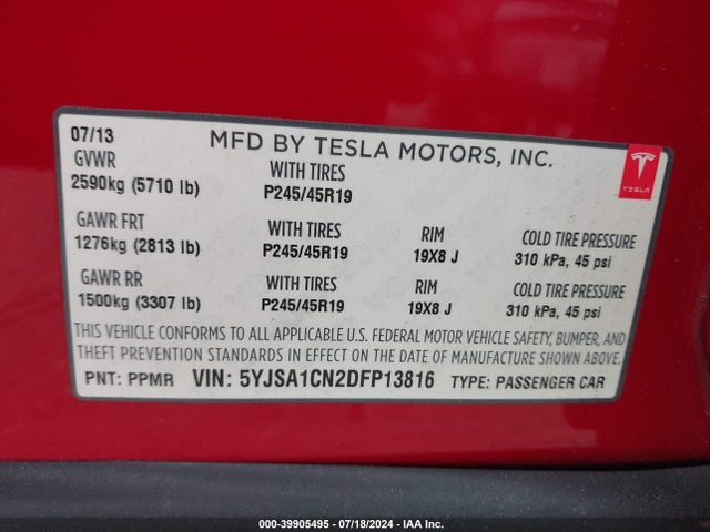 2013 TESLA MODEL S 5YJSA1CN2DFP13816 Photo 8