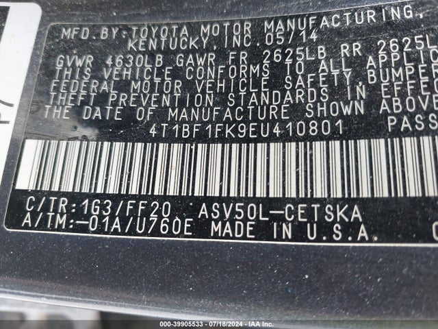 Toyota CAMRY SE 2014 4T1BF1FK9EU410801 Image 9