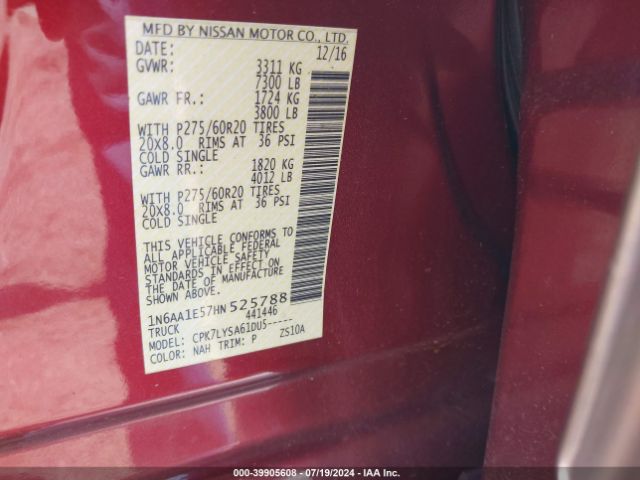 1N6AA1E57HN525788 Nissan Titan Platinum Reserve