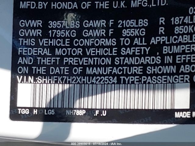 SHHFK7H2XHU422534 Honda Civic Lx