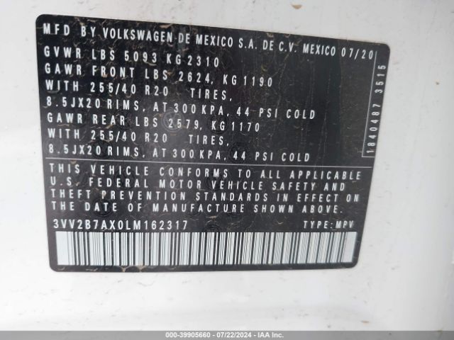 3VV2B7AX0LM162317 Volkswagen Tiguan 2.0t Se/2.0t Se R-line Black/2.0t Sel
