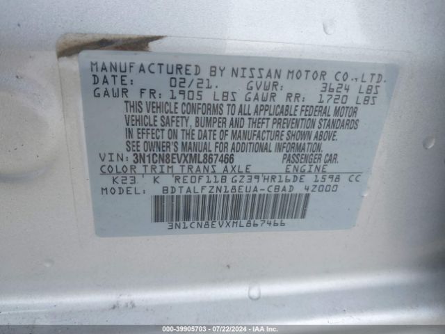 3N1CN8EVXML867466 Nissan Versa Sv Xtronic Cvt