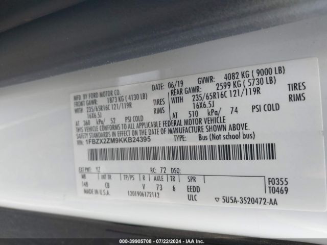 1FBZX2ZM9KKB24395 Ford Transit-350 Xlt