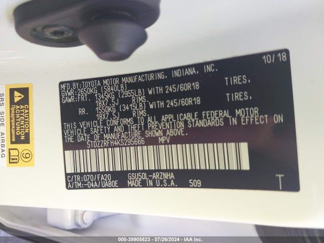 Toyota Highlander Le Plus 2019 5TDZZRFH4KS295666 Image 9