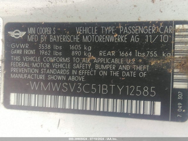 2011 MINI COOPER S WMWSV3C51BTY12585 Photo 8