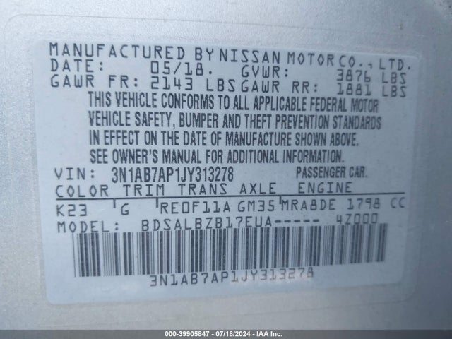 Nissan SENTRA S 2018 3N1AB7AP1JY313278 Image 9
