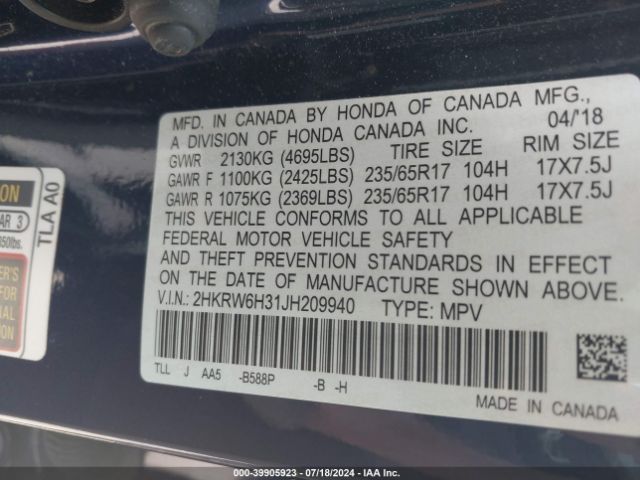 2HKRW6H31JH209940 Honda CR-V LX