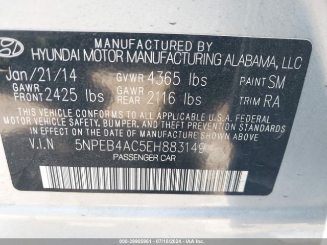 5NPEB4AC5EH883149 Hyundai SONATA GLS