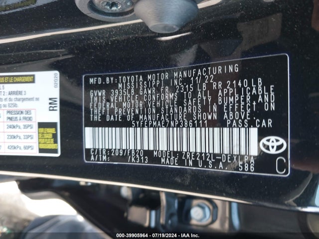 Toyota COROLLA LE 2022 5YFEPMAE7NP386111 Image 9