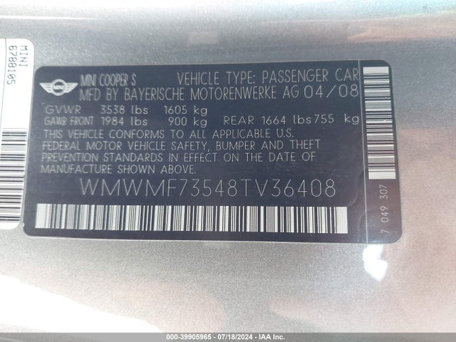 2008 MINI COOPER S WMWMF73548TV36408 Photo 8
