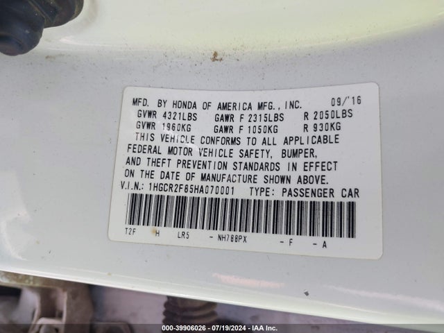 1HGCR2F85HA070001 Honda Accord Ex-l