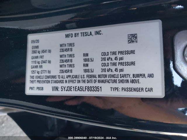 5YJ3E1EA5LF803351 Tesla Model 3 Standard Range Plus Rear-wheel Drive/standard Range Rear-wheel Drive