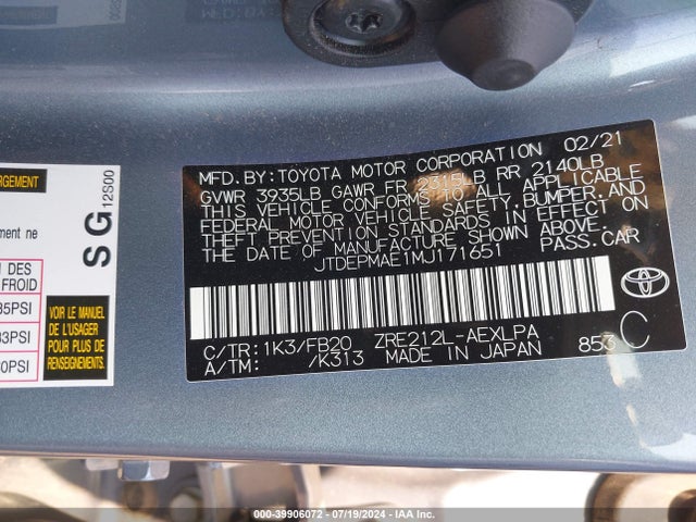 Toyota COROLLA LE 2021 JTDEPMAE1MJ171651 Image 9