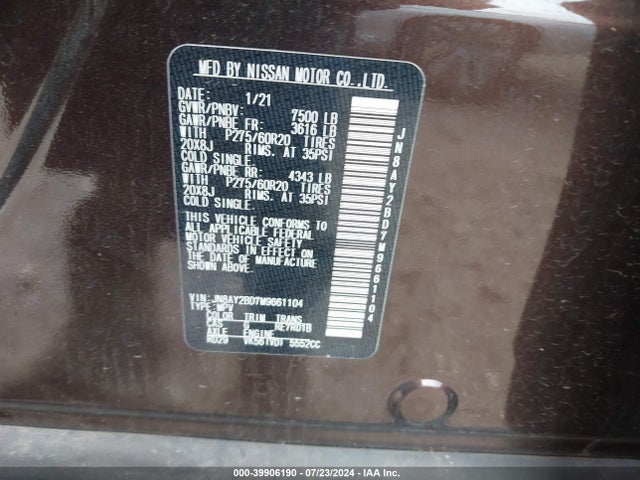 Nissan Armada Sl 4wd 2021 JN8AY2BD7M9661104 Image 9