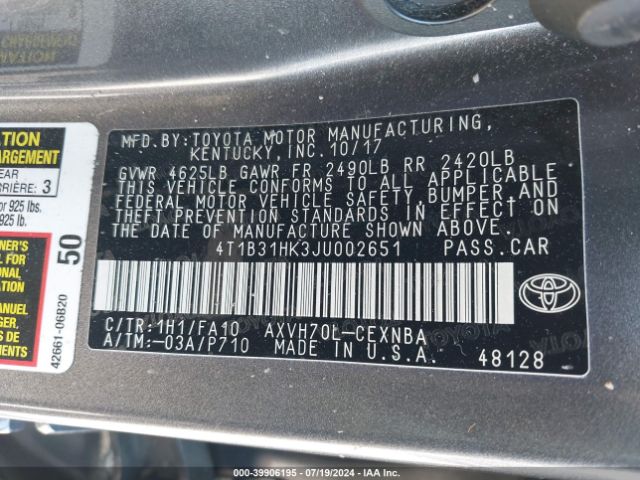 4T1B31HK3JU002651 Toyota Camry Hybrid Le