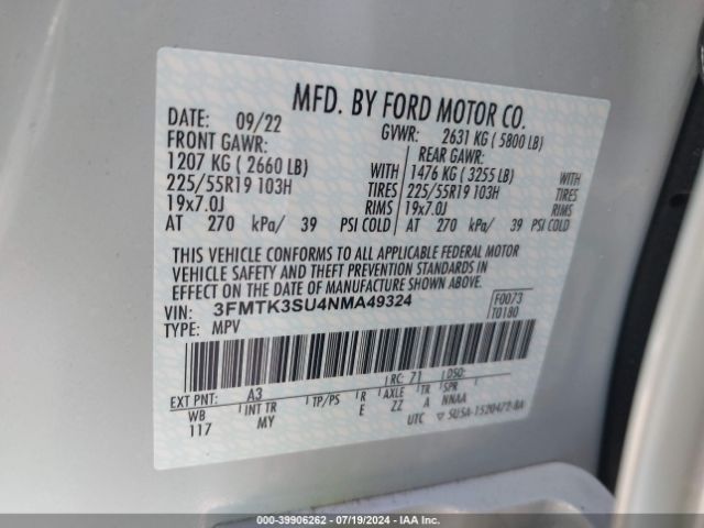 3FMTK3SU4NMA49324 Ford Mustang Mach-e Premium