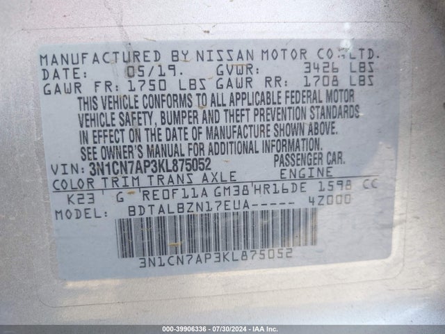 Nissan Versa 1.6 Sv 2019 3N1CN7AP3KL875052 Image 9