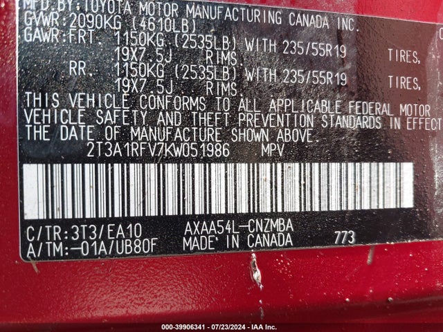 Toyota Rav4 Xle Premium 2019 2T3A1RFV7KW051986 Image 9