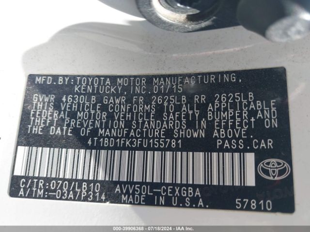 4T1BD1FK3FU155781 Toyota Camry Hybrid Xle