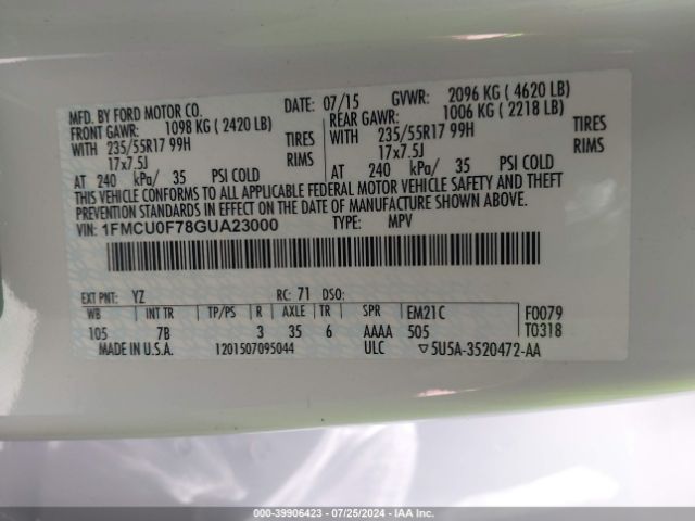 1FMCU0F78GUA23000 Ford ESCAPE S