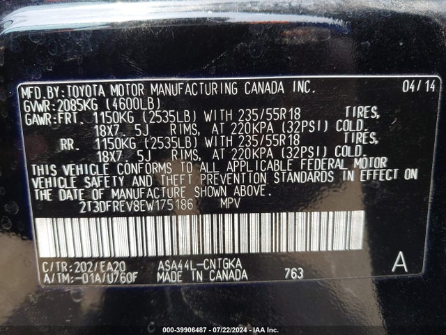 Toyota Rav4 Limited 2014 2T3DFREV8EW175186 Image 9
