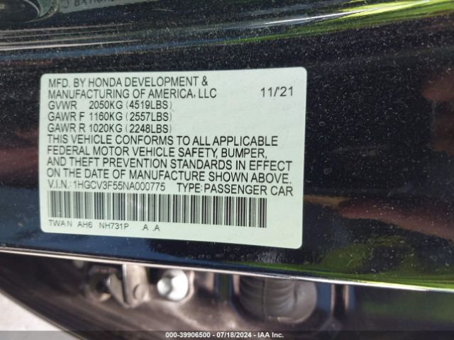 1HGCV3F55NA000775 Honda Accord Hybrid Ex-l