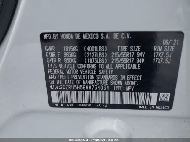 3CZRU5H56MM734034 Honda Hr-v 2wd Ex