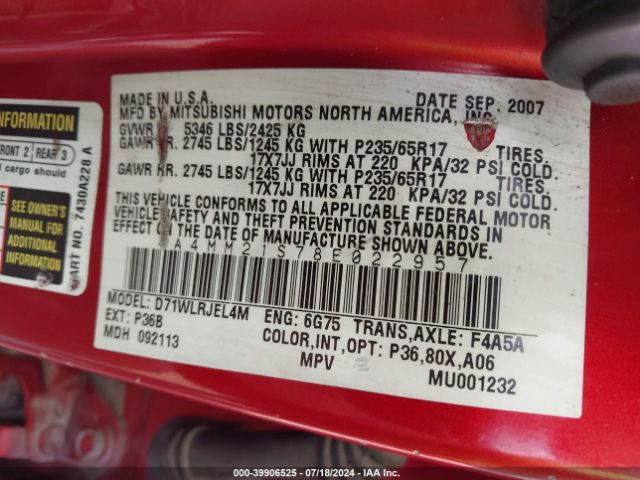 2008 MITSUBISHI ENDEAVOR 4A4MM21S78E022957 Photo 8