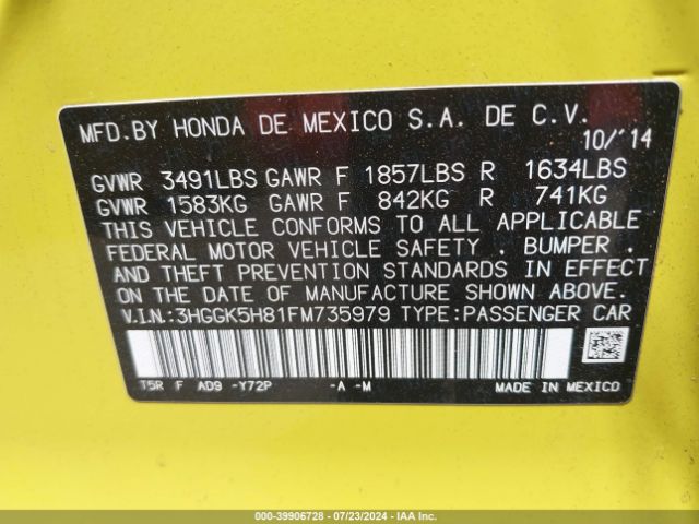 3HGGK5H81FM735979 Honda Fit Ex/ex-l