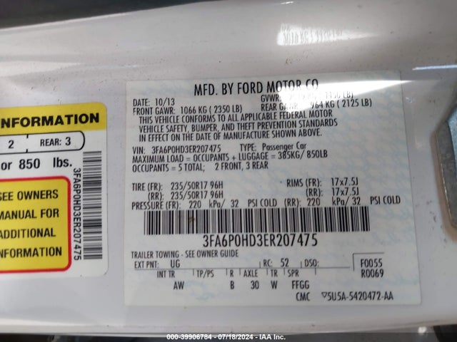 Ford FUSION SE 2014 3FA6P0HD3ER207475 Image 9