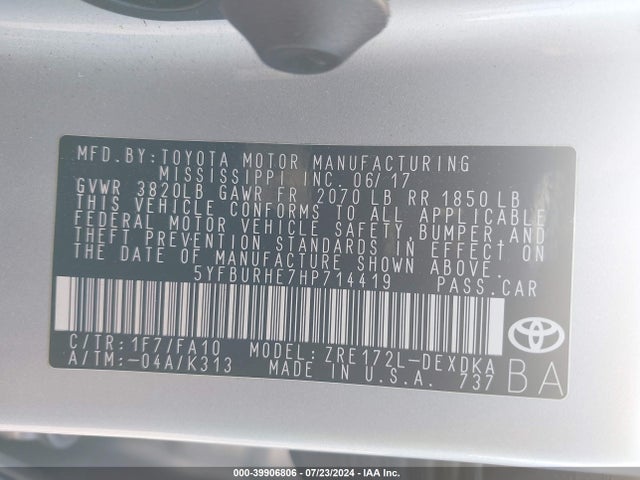 Toyota COROLLA L 2017 5YFBURHE7HP714419 Image 9
