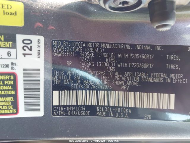 5TDYK3DC2GS742975 Toyota Sienna Xle Premium 8 Passenger