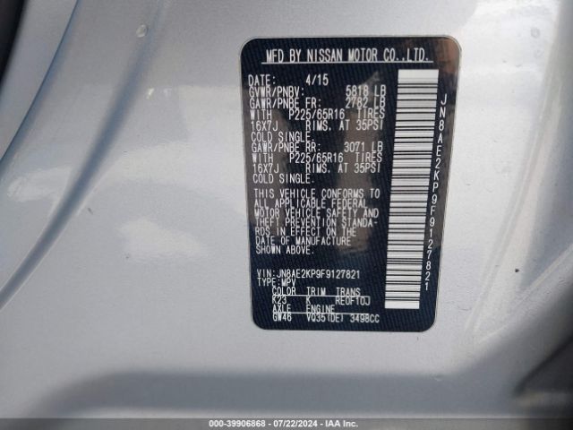 JN8AE2KP9F9127821 Nissan Quest Sv