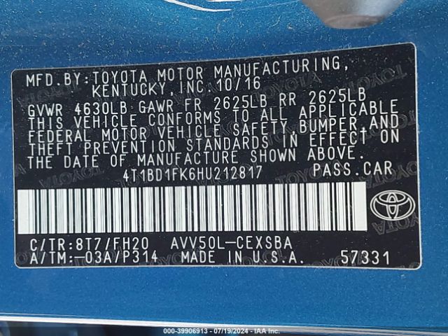 4T1BD1FK6HU212817 Toyota Camry Hybrid Se