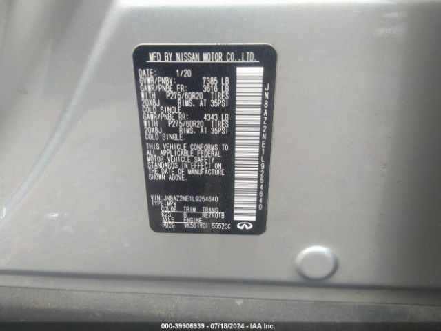 JN8AZ2NE1L9254640 Infiniti Qx80 Luxe Awd